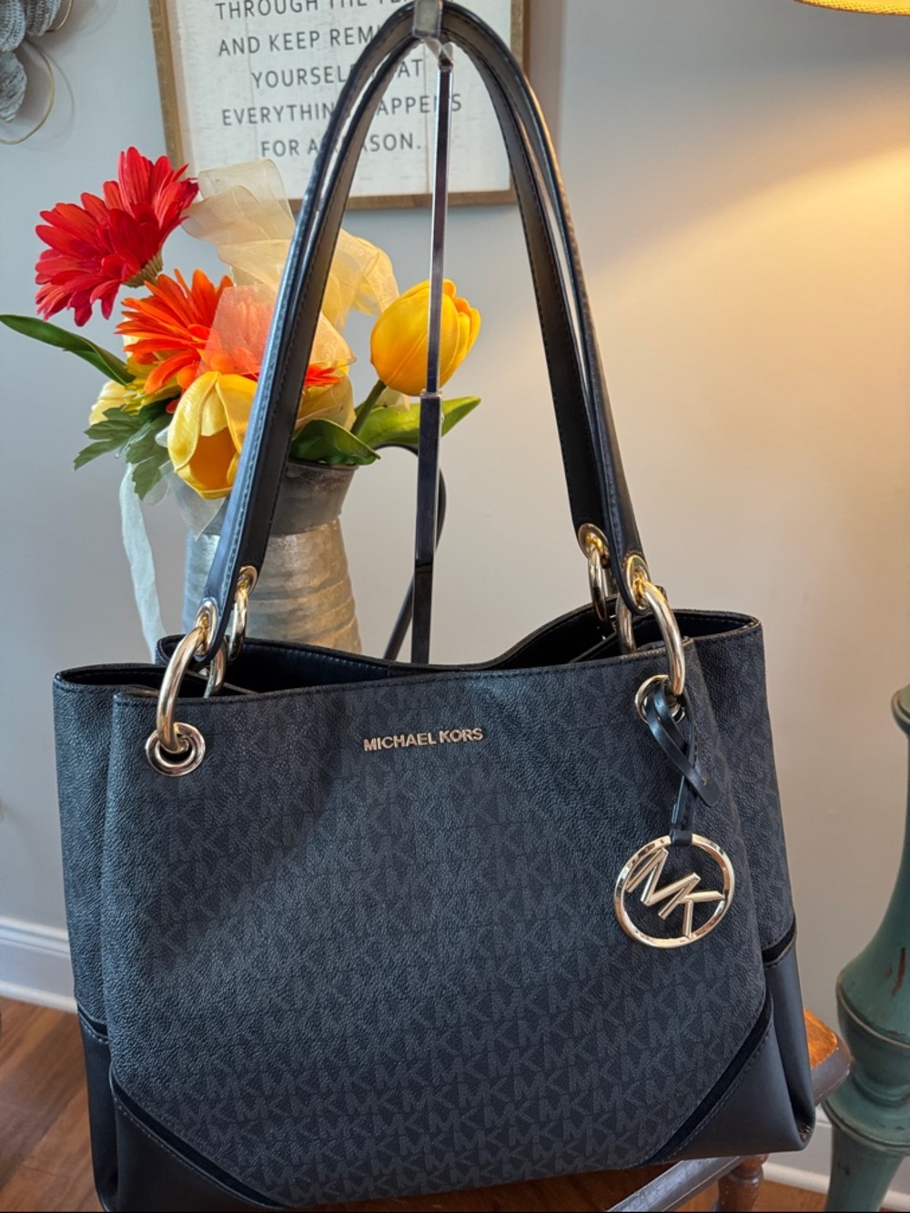 Michael Kors Nicole Large Shoulder Tote Black MK Signature w/Gold Hardware